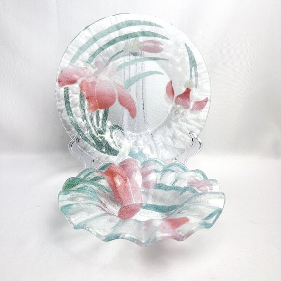 Fused Art Glass Bowl & Plate Set Pink Green Swirl Textured Floral Decor 2pc. - Picture 4 of 11